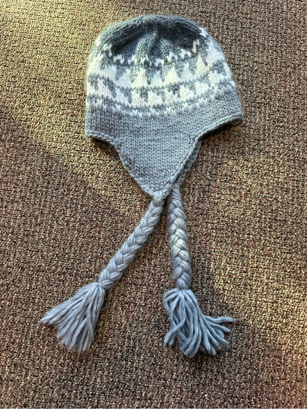 Gray Knit Earflap Hat with Braided Tassels
